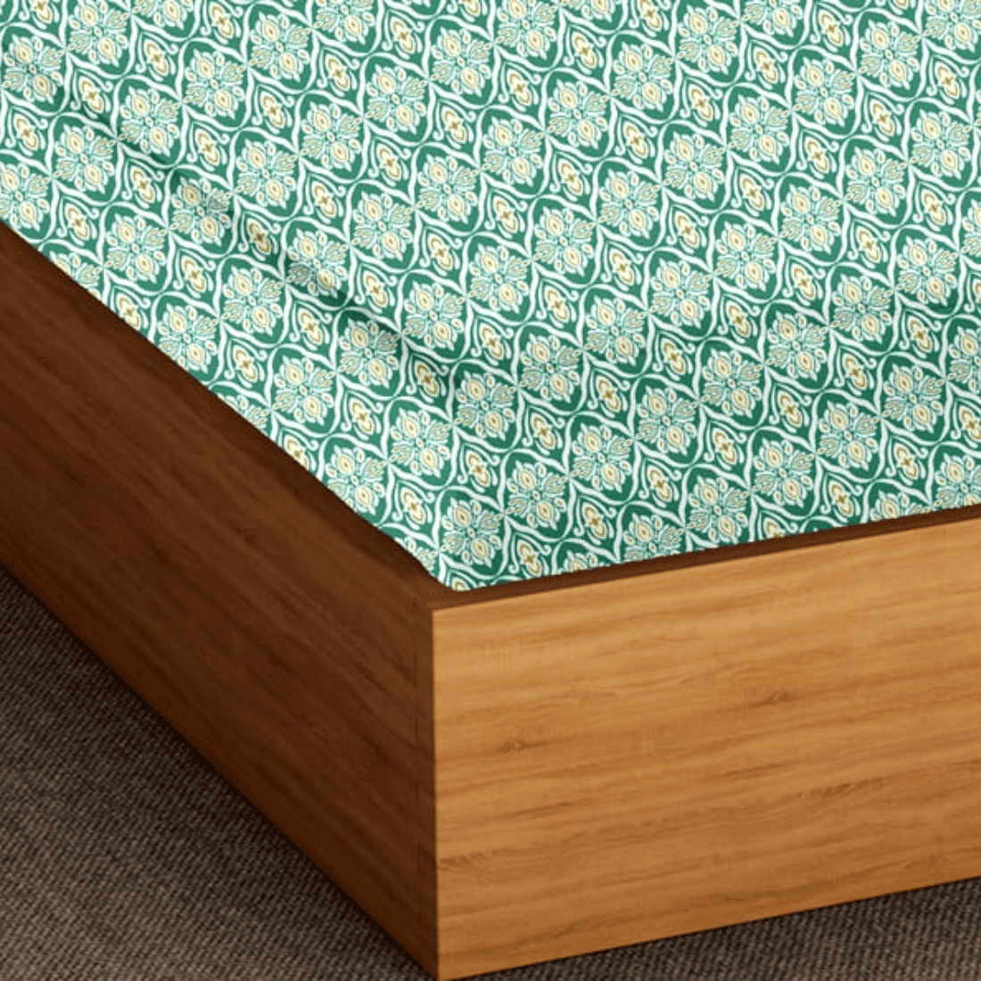 Soft Cotton Ikat Print 144 TC Fitted Bedsheet In Aqua At Best Prices