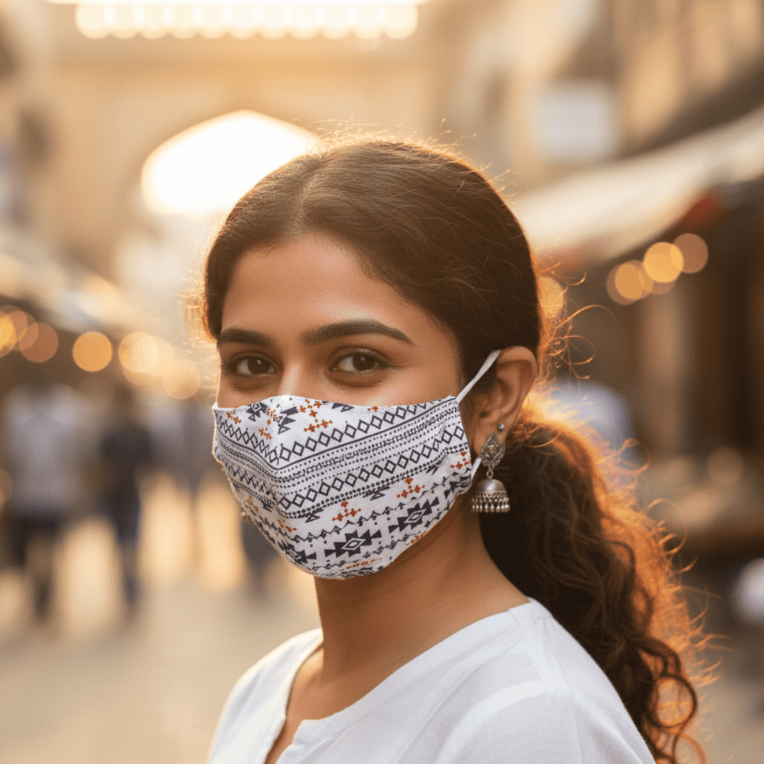 Woman wearing pink cotton pleated face mask