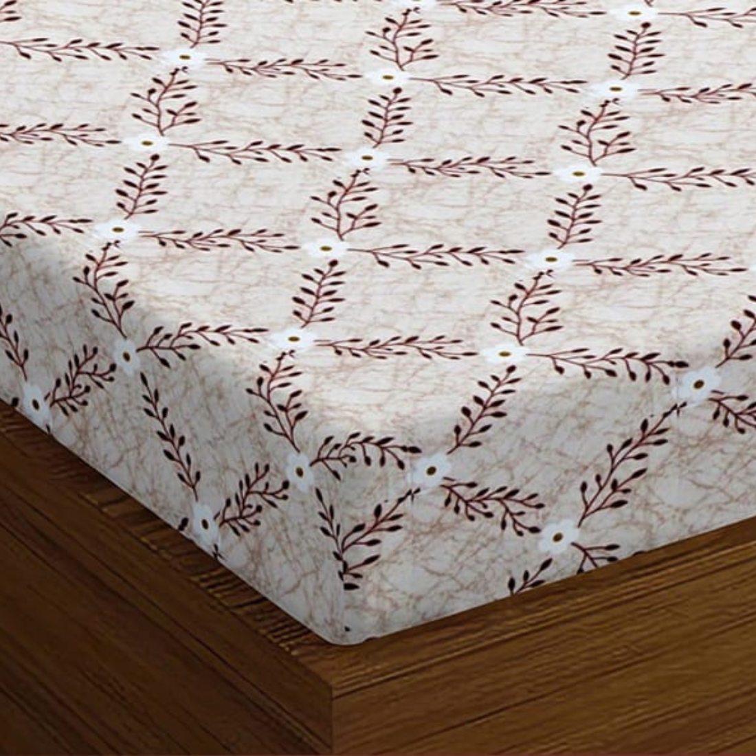 Soft Cotton Floral Print 144 TC Fitted Bedsheet In Coffee At Best Prices