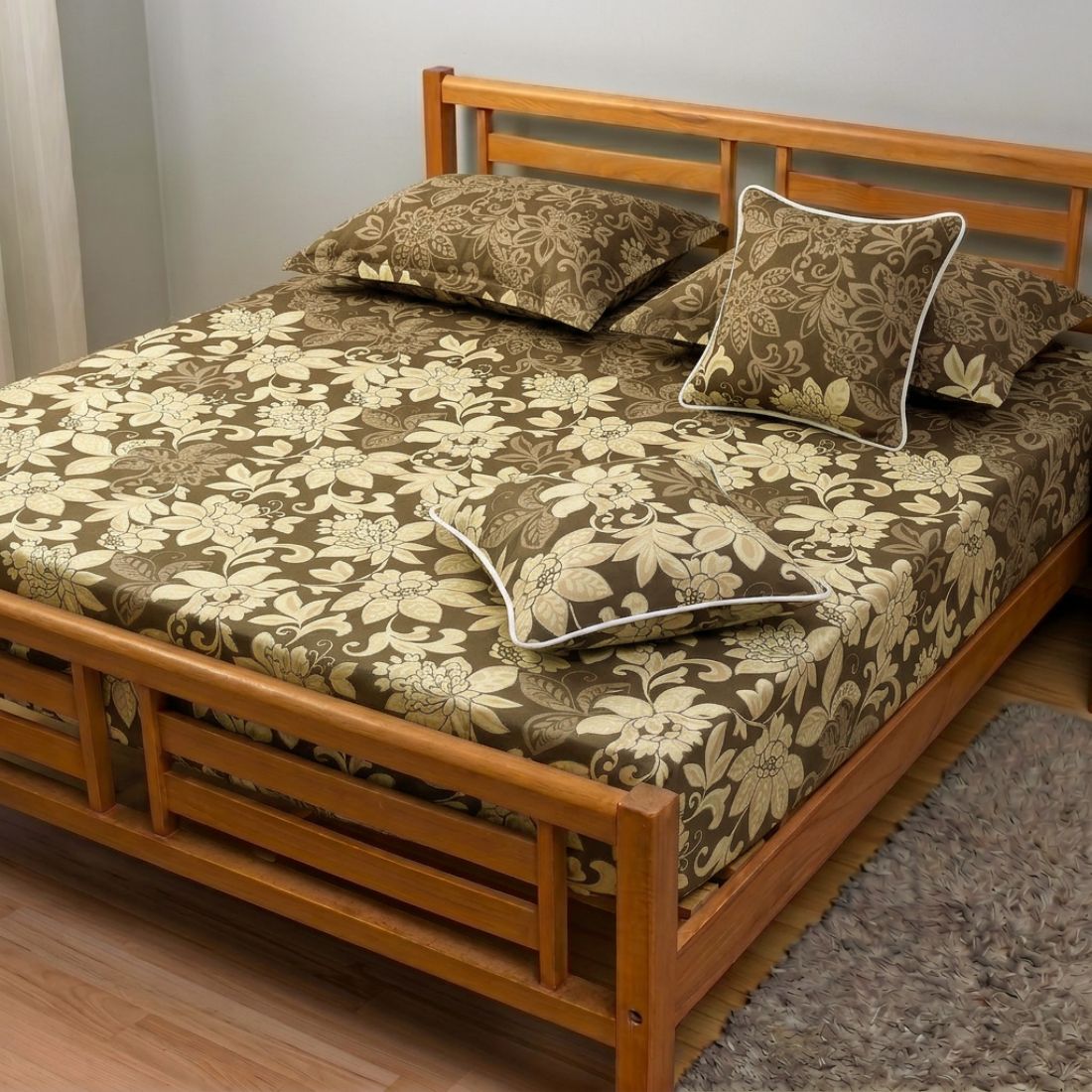 Printed Floral Cotton 250 TC Fitted Bedsheet with Pillow Covers - Coffee