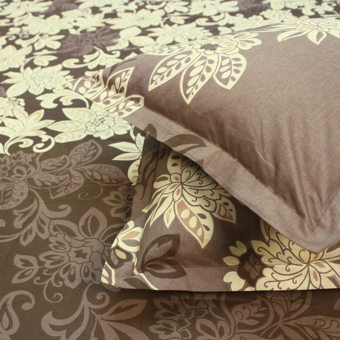 Printed Floral Cotton 250 TC Fitted Bedsheet with Pillow Covers - Coffee