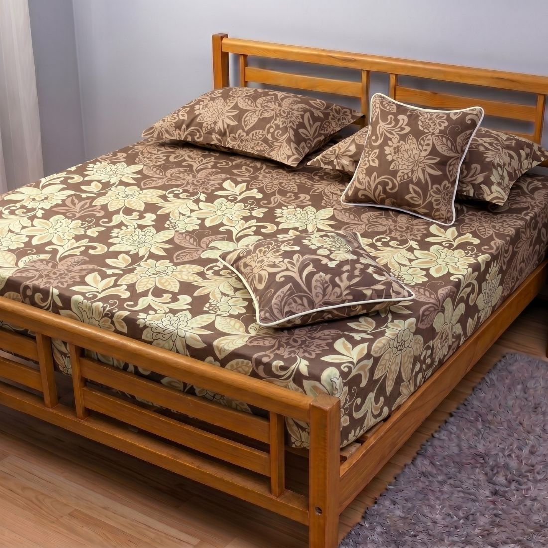 Printed Floral Cotton 250 TC Fitted Bedsheet with Pillow Covers - Brown
