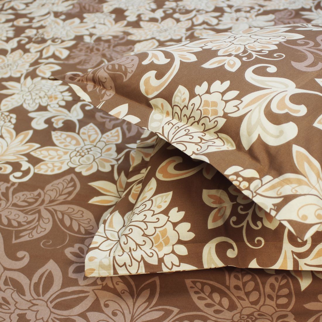 Printed Floral Cotton 250 TC Fitted Bedsheet with Pillow Covers - Brown
