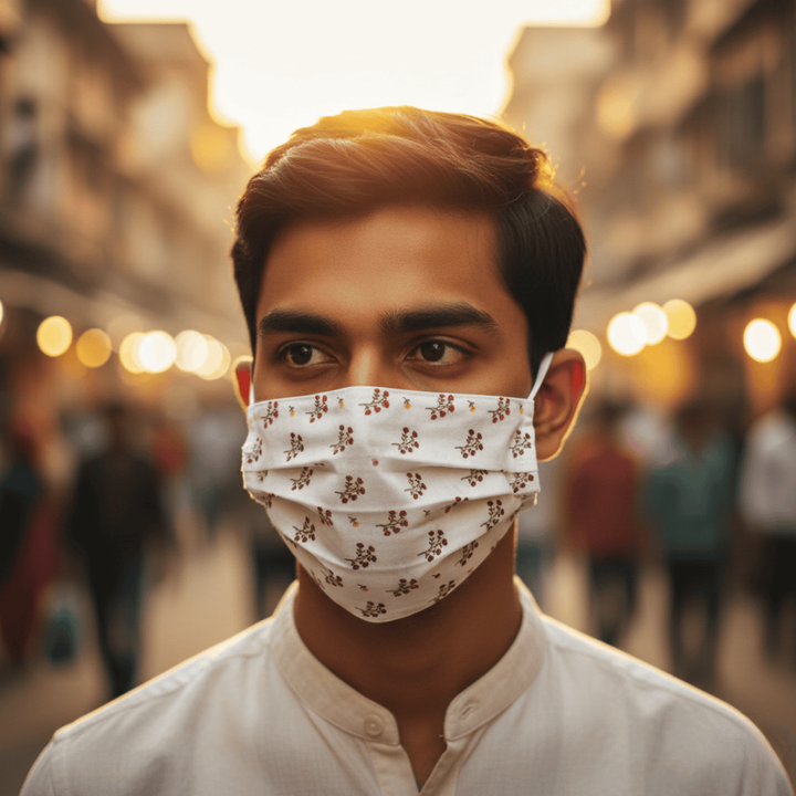 Man wearing a patterned face mask 