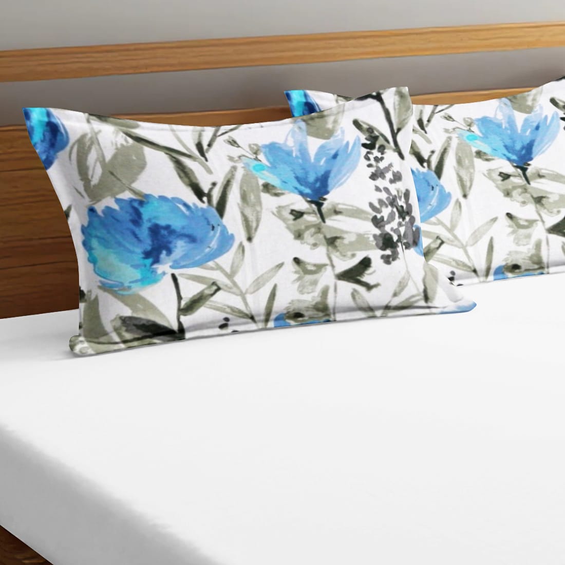 Soft Floral Print 144 TC Cotton Fitted Bedsheet In Blue At Best Prices