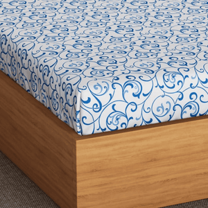 Soft Floral Print 144 TC Cotton Fitted Bedsheet In Blue At Best Prices