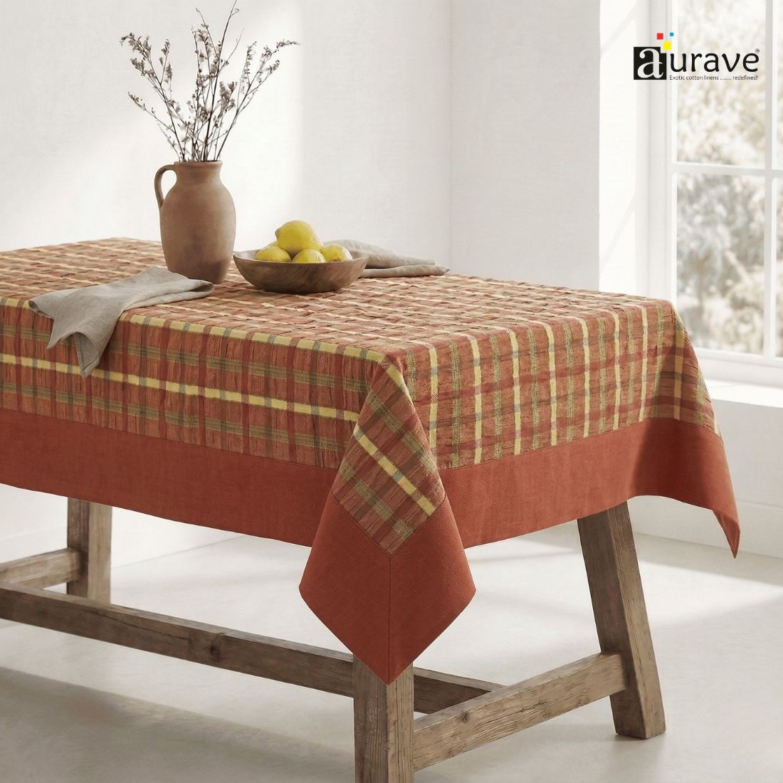 ALPHA Woven Cotton Check 1 Pc Table Cover -  Brown