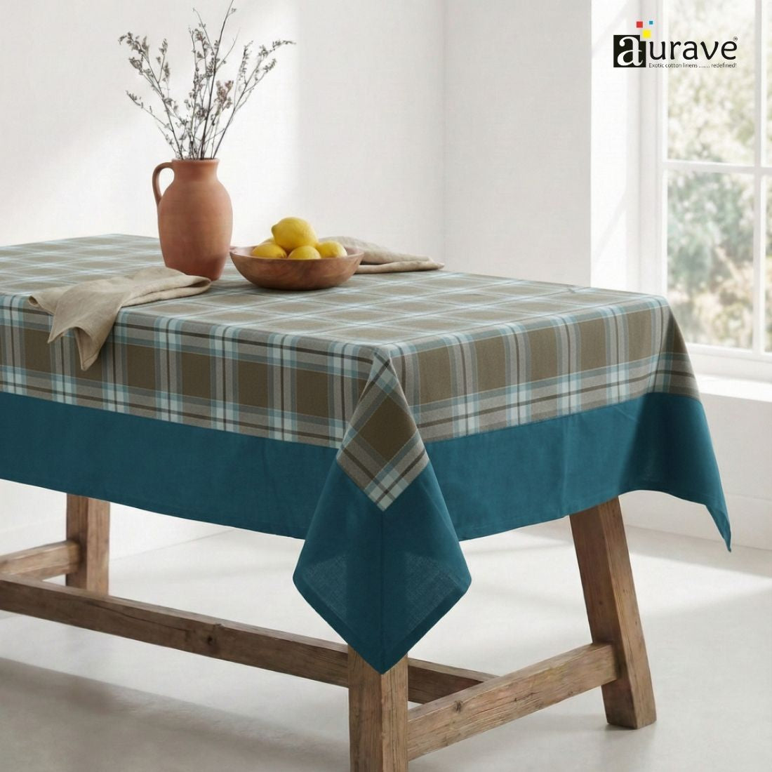 ALPHA Woven Cotton Check 1 Pc Table Cover - Brown