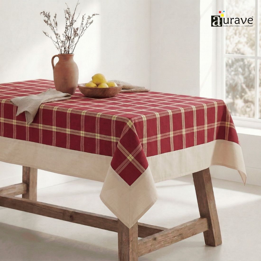 ALPHA Woven Cotton Check 1 Pc Table Cover - Maroon