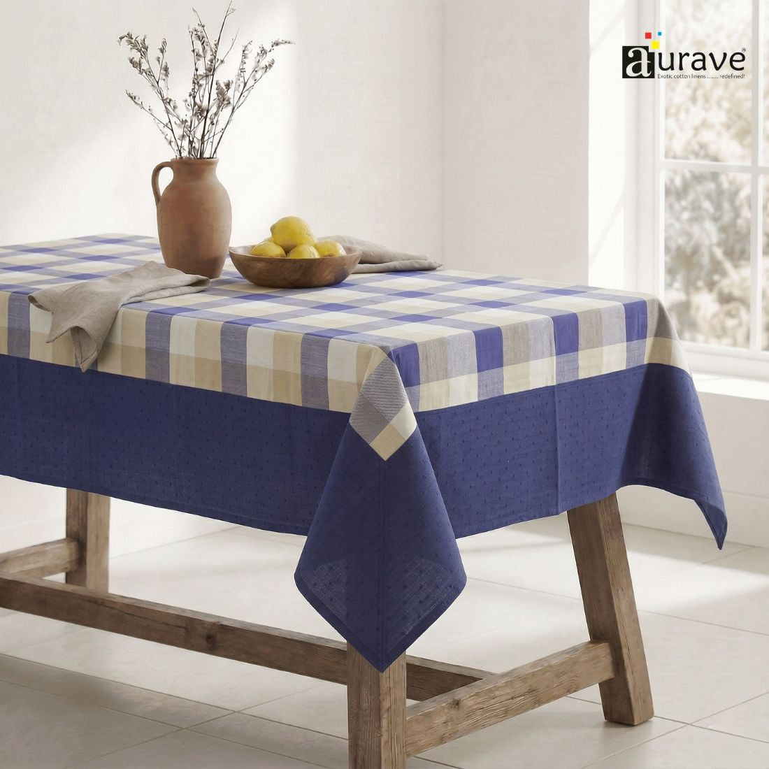 ALPHA Woven Cotton Check 1 Pc Table Cover - Blue