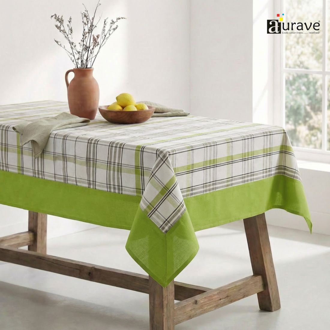 ALPHA Woven Cotton Check 1 Pc Table Cover - Green