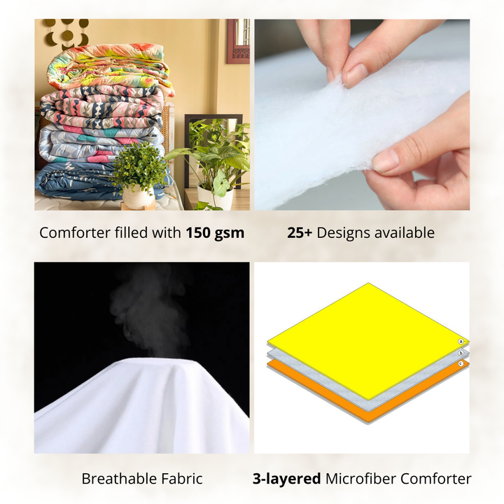 Stack of colorful microfiber comforters with 150 GSM, 3-layer design, breathable fabric, multiple designs