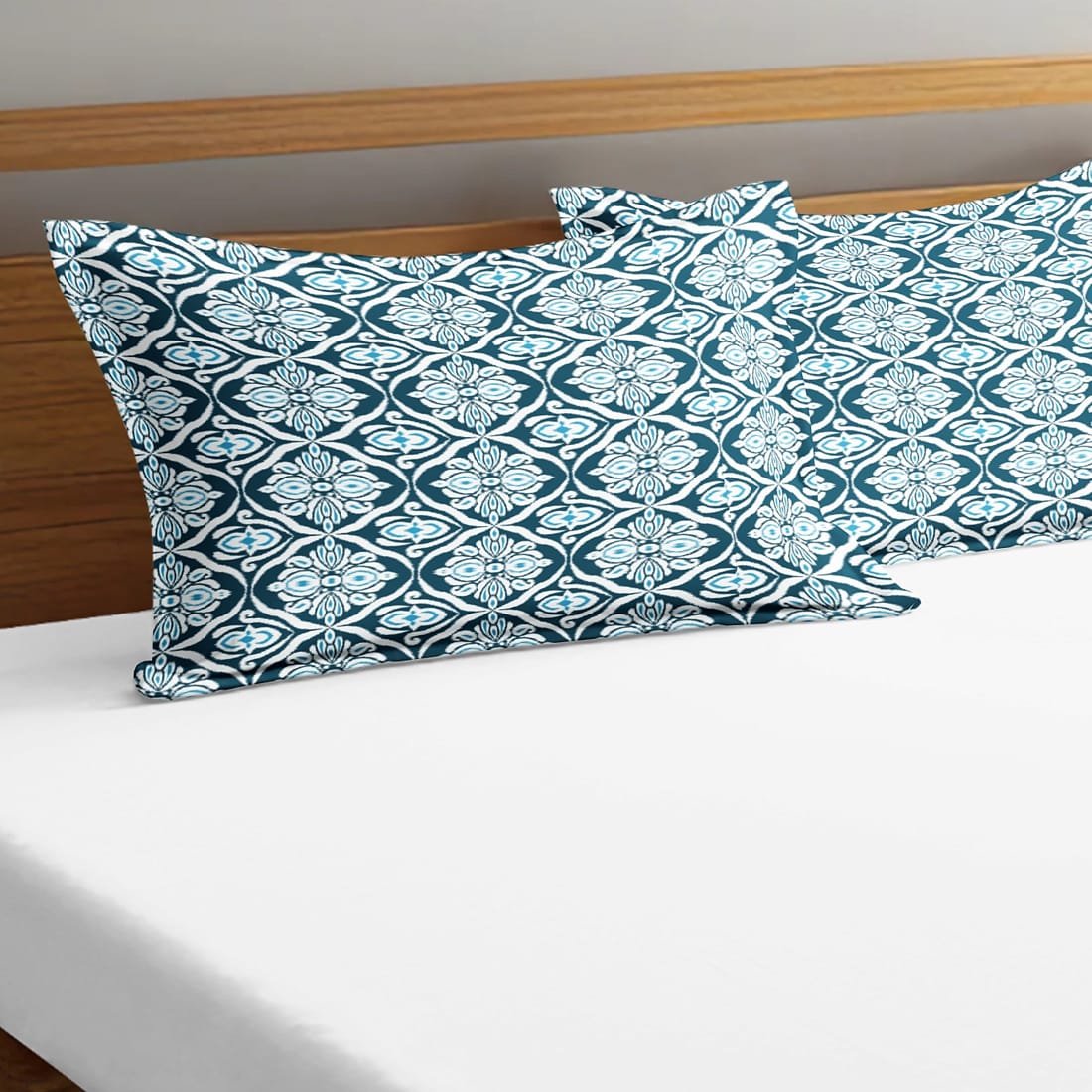 Soft Cotton Ikat Print 144 TC Fitted Bedsheet In Navy Blue At Best Prices