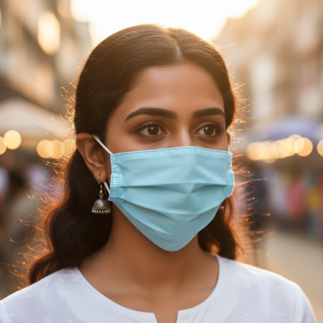Woman wearing a light blue face mask