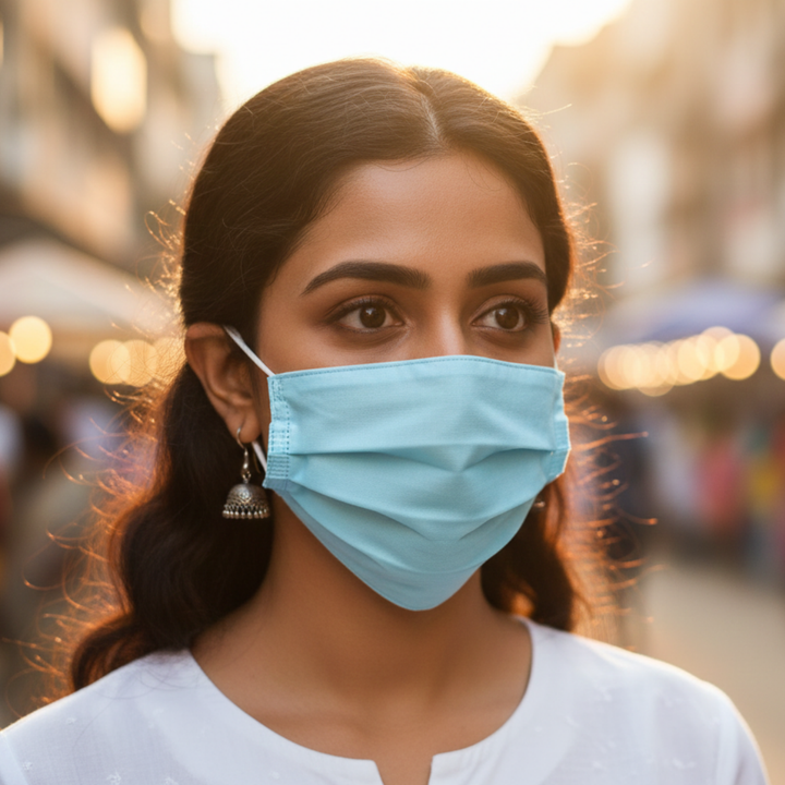 Woman wearing a light blue face mask