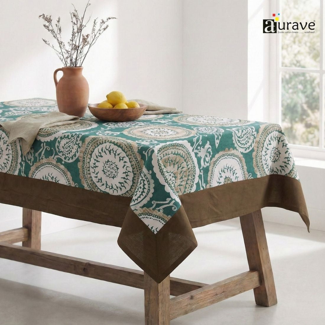 ALPHA Woven Cotton Floral 1 Pc Table Cover - Green