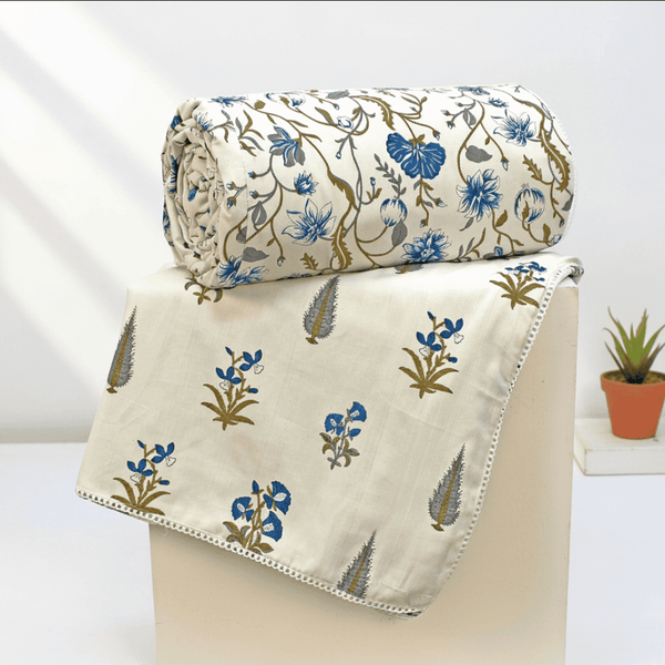 IRIS Designer Border Cotton Reversible Dohar, Blue