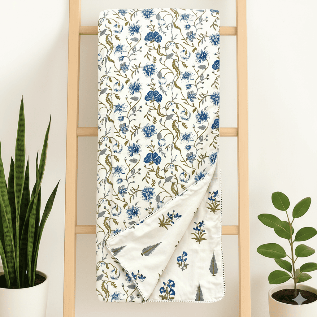 IRIS Designer Border Cotton Reversible Dohar, Blue