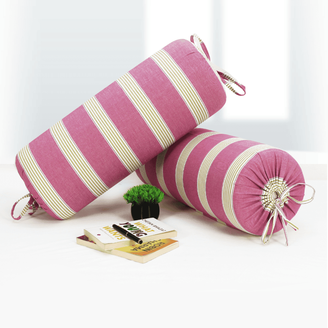 Magenta & Green Stripes Woven Cotton 2 Pcs Bolster Cover - set