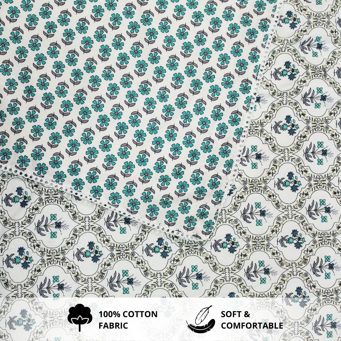 IRIS Designer Border Cotton Reversible Dohar, Aqua