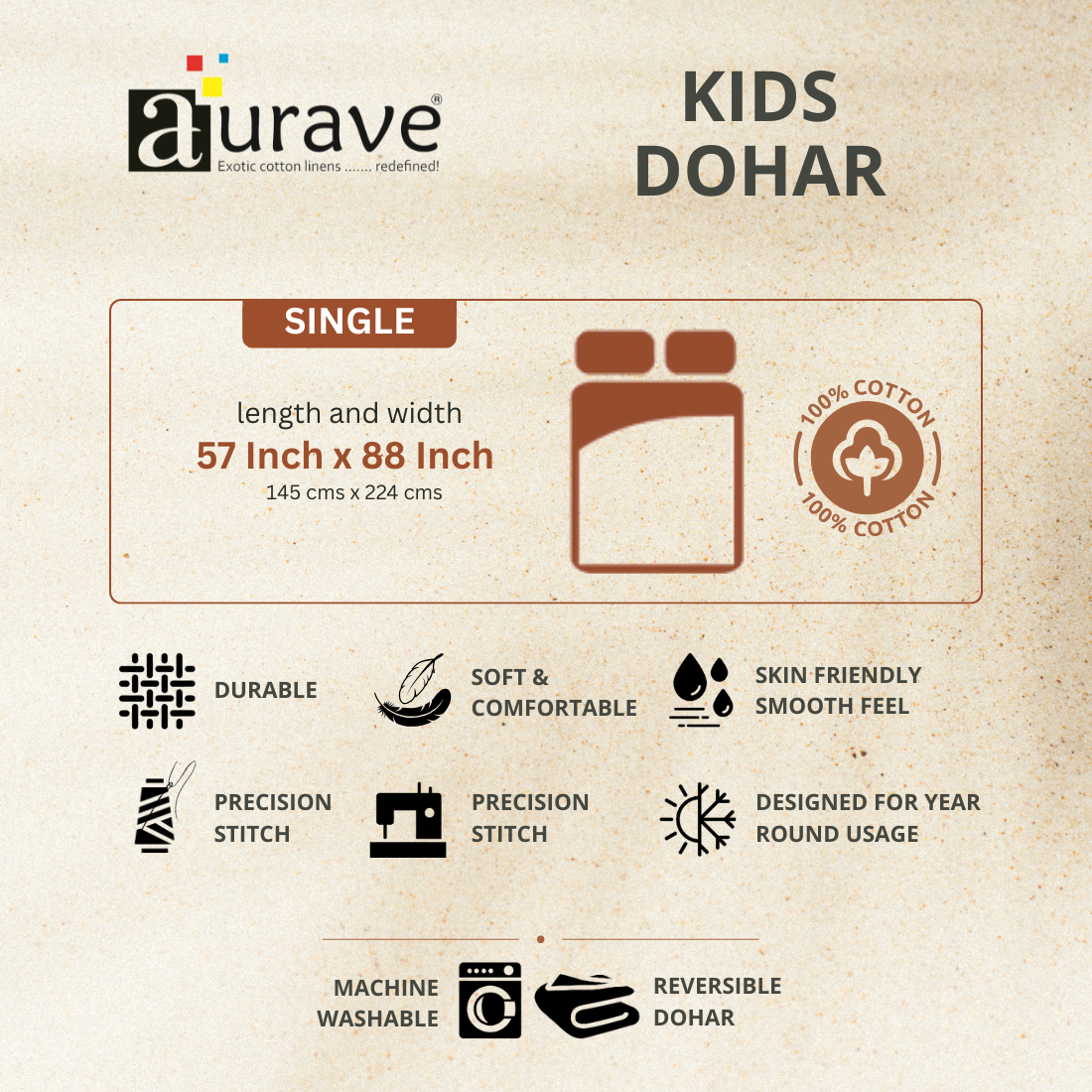 Product label for Kids Dohar by Aurave with specifications and features 