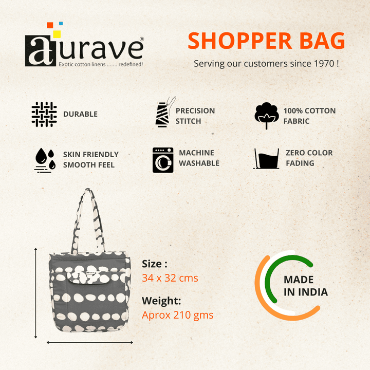 Aurave shopper bag flyer showing features, size 34×32 cm, 100% cotton, durable, Made in India.