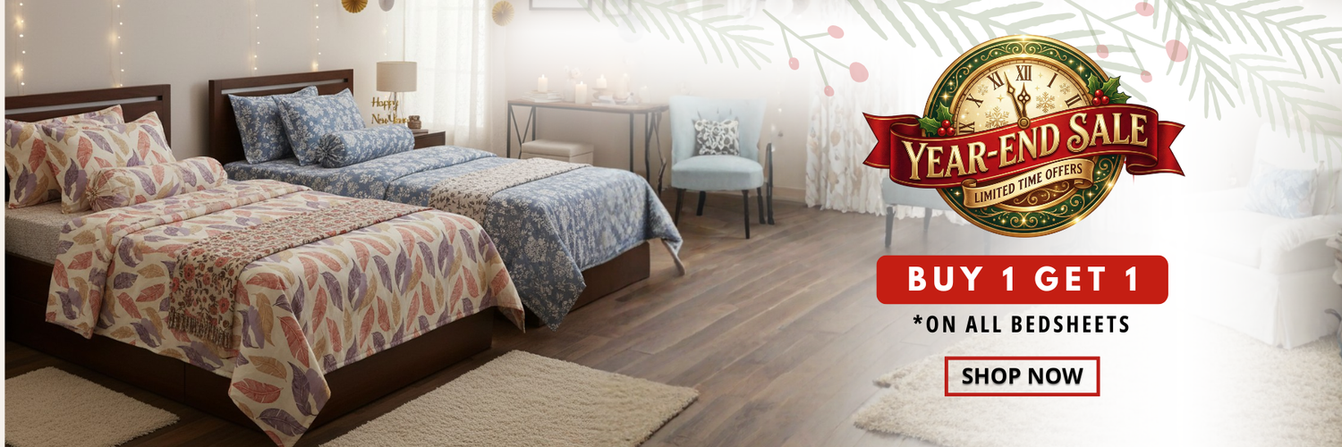 Buy 1 Get 1 bedsheet offer during Year End Sale – premium cotton bedsheets for bedroom