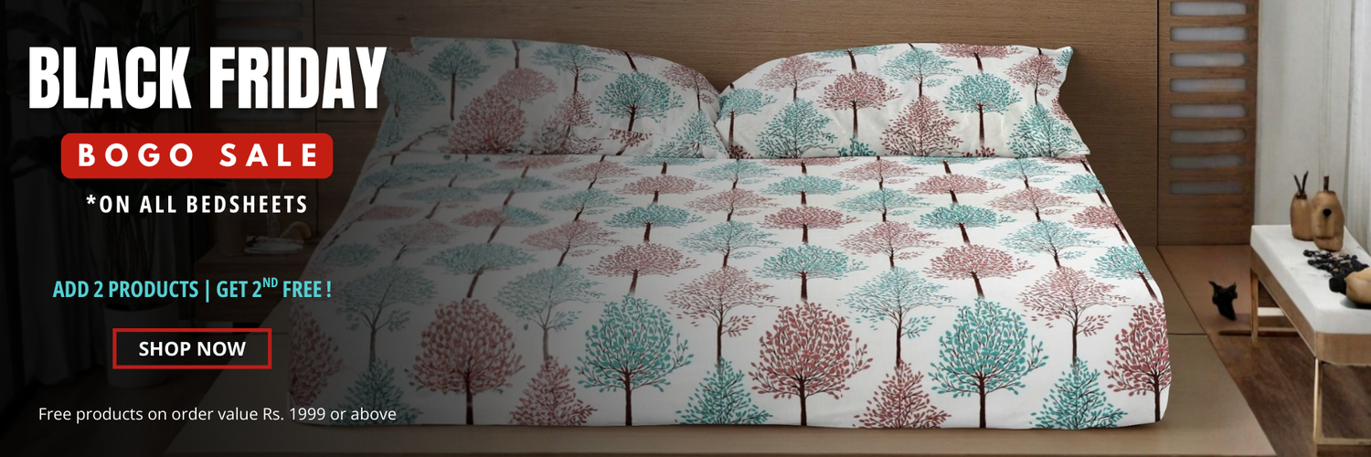 Aurave printed cotton bedsheet displayed on bed during Black Friday BOGO sale