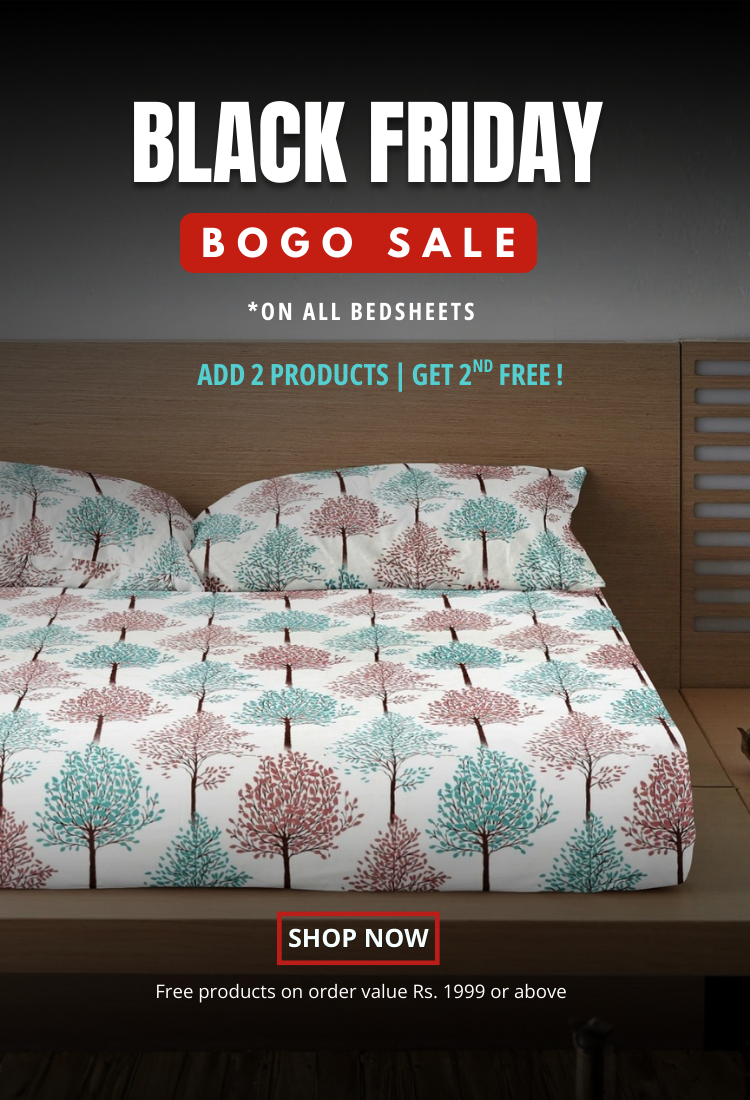 Aurave printed cotton bedsheet displayed on bed during Black Friday BOGO sale