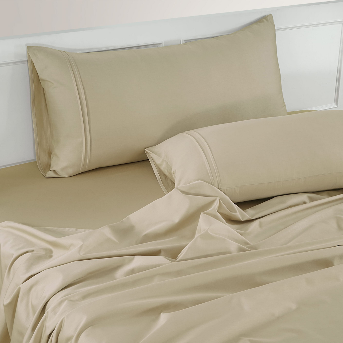 Plain 400 TC Cotton Satin Flat Bedsheet with Pillow Covers - Beige