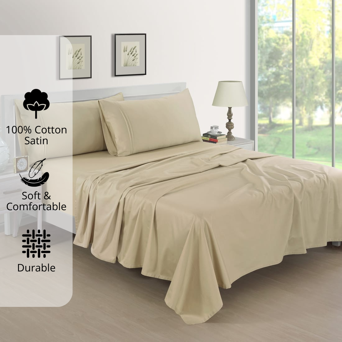 Plain Cotton Satin 400 TC Bedsheet with Pillow Covers - Beige