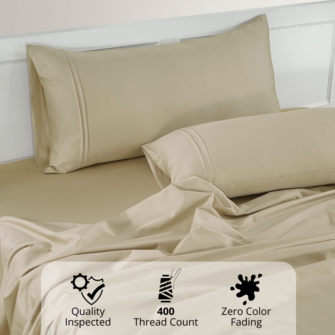 Plain Cotton Satin 400 TC Bedsheet with Pillow Covers - Beige