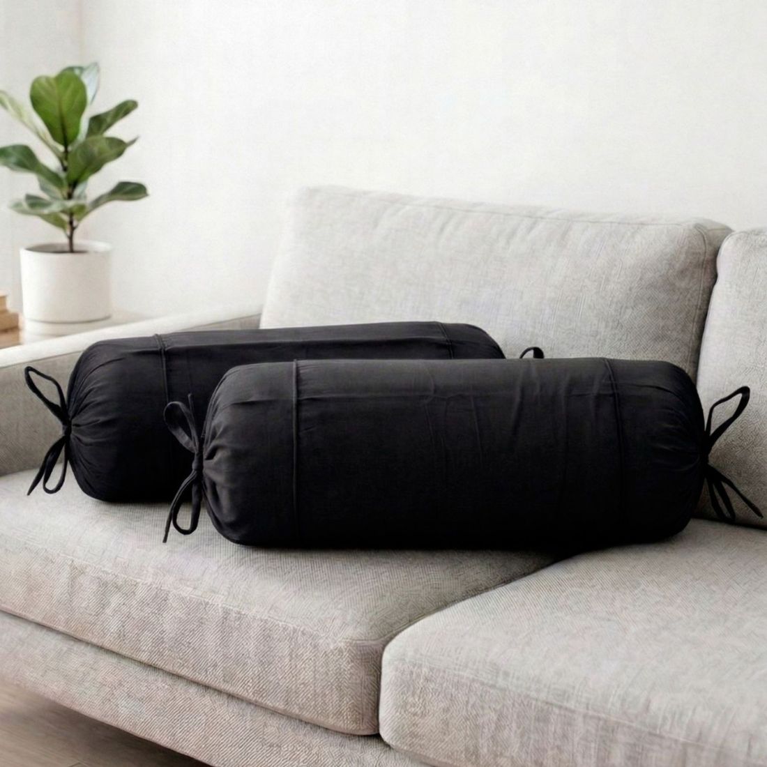 Plain Cotton 2 Pcs Bolster Cover Set - Black