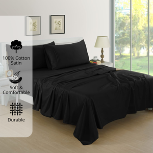 Plain Cotton Satin 400 TC Bedsheet with Pillow Covers - Black