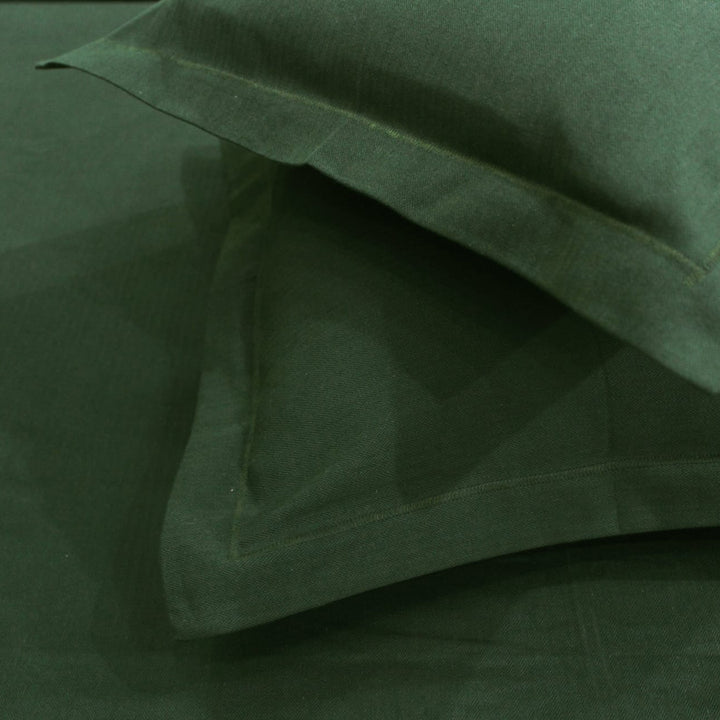 Mercerized Cotton Textured Weave Fitted Bedsheet with Pillow Covers - Bottle Green