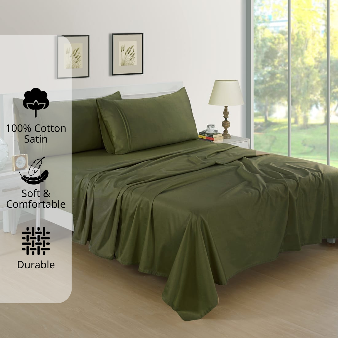 Plain Cotton Satin 400 TC Bedsheet with Pillow Covers - Bottle Green