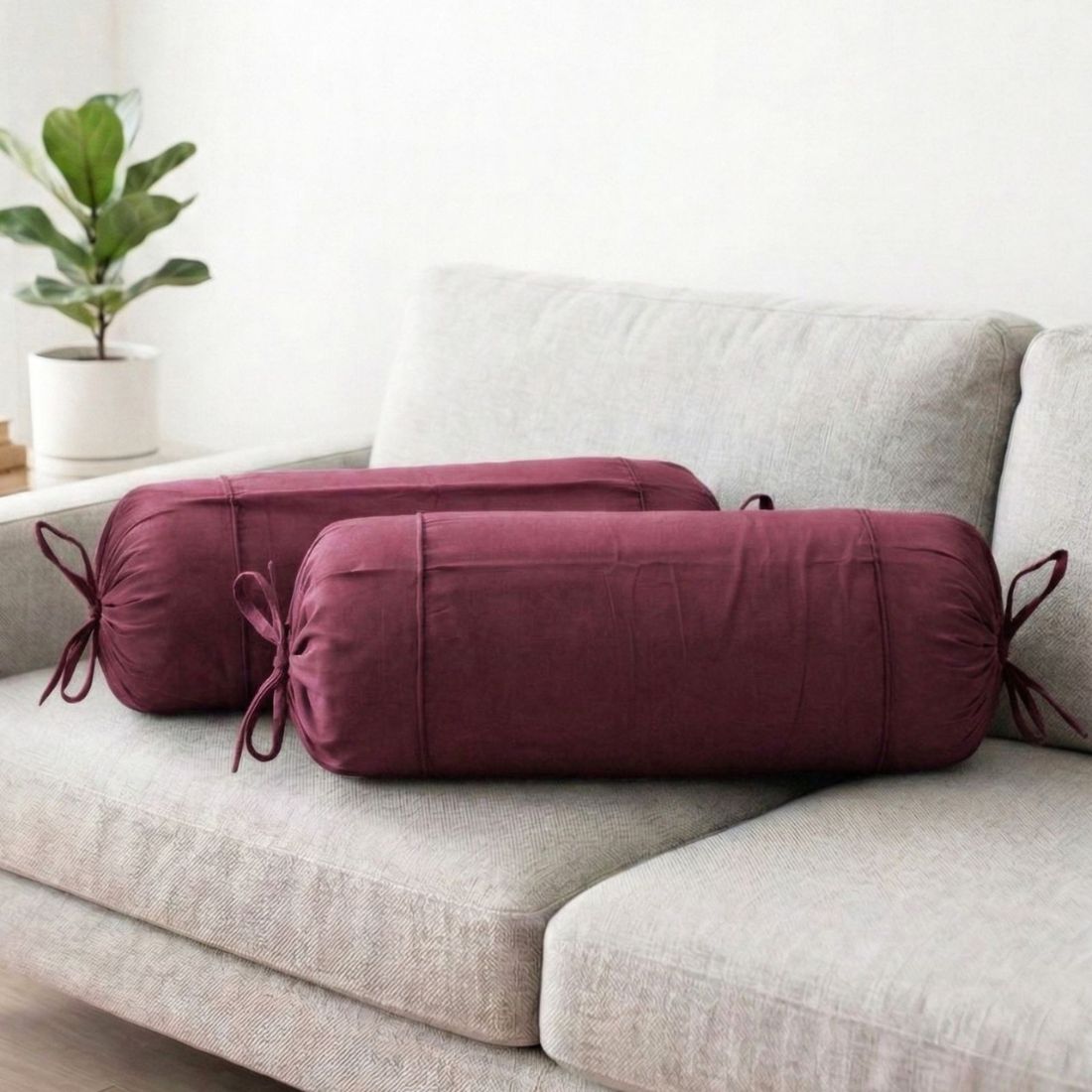 Plain Cotton 2 Pcs Bolster Cover Set - Burgundy