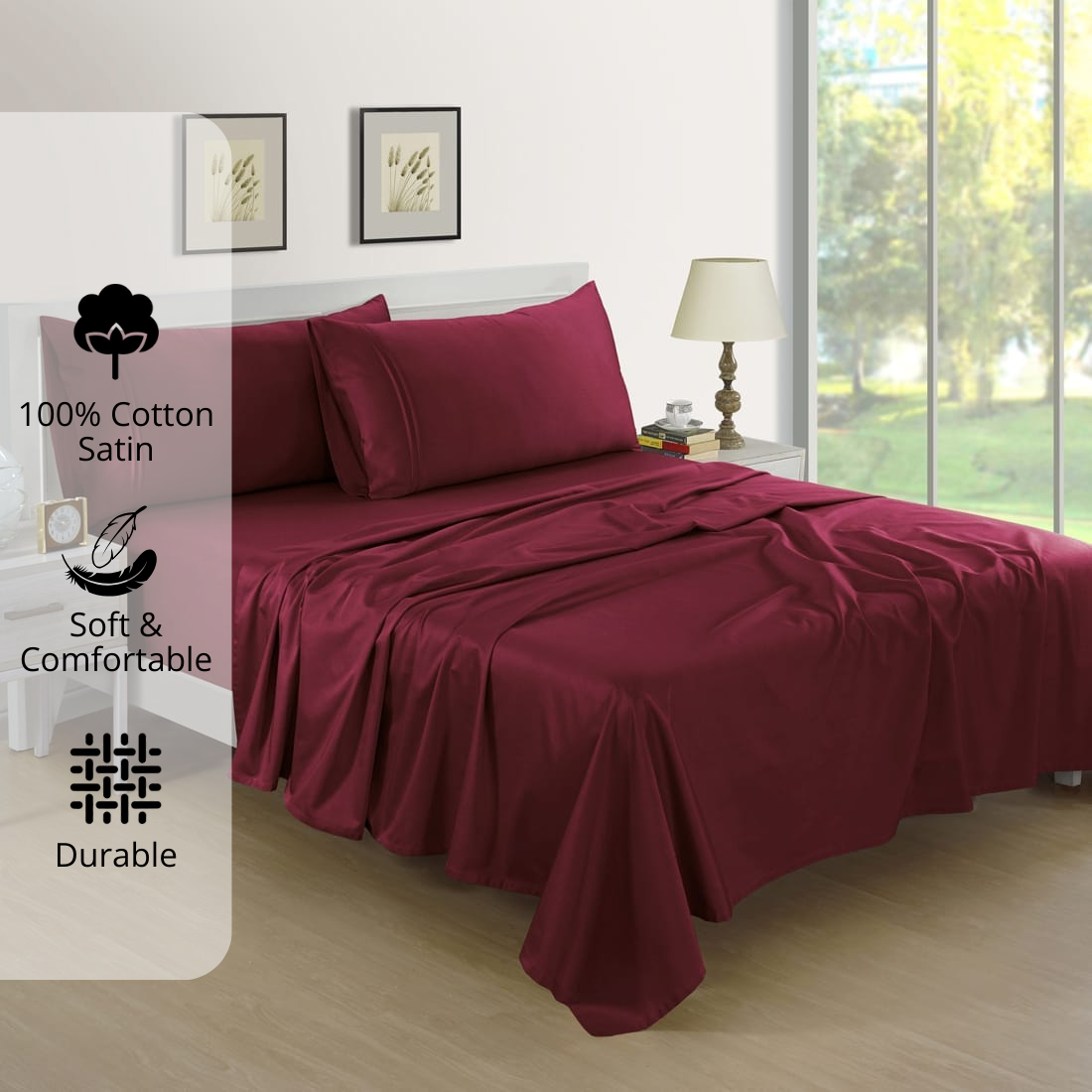Plain 400 TC Cotton Satin Bedsheet with Pillow Covers - Burgundy