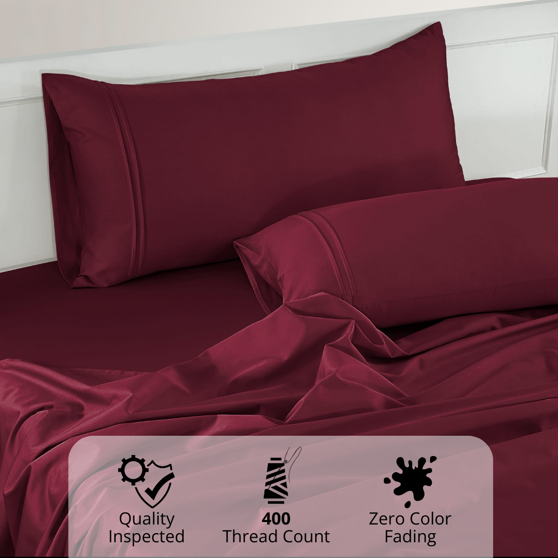 Plain Cotton Satin 400 TC Fitted Bedsheet with Pillow Covers - Burgundy