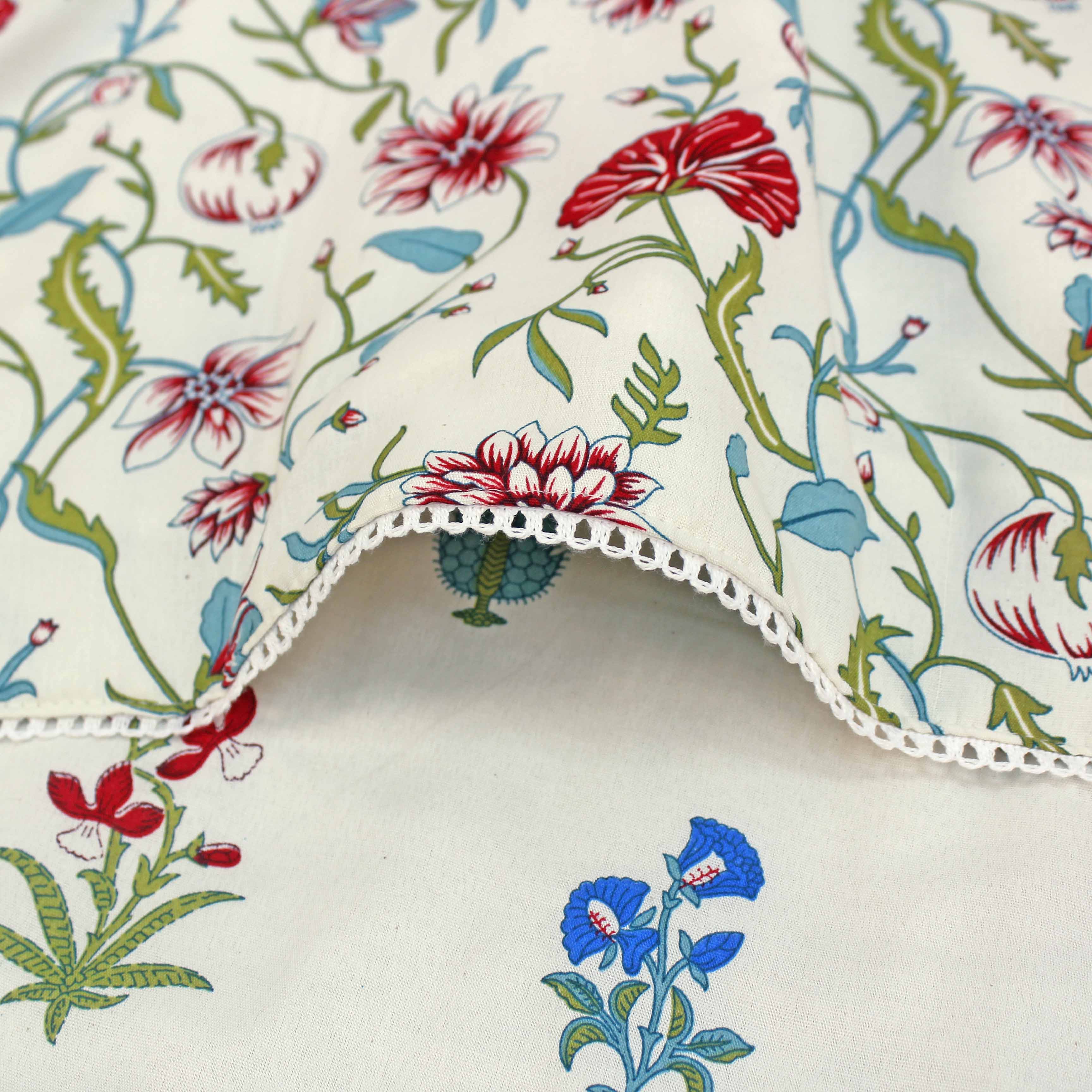 Close-up of Aurave cotton reversible dohar with red and blue floral print and designer border