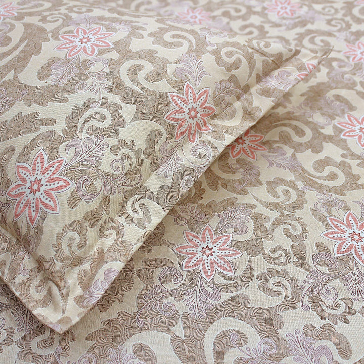 Close up View Printed Floral Cotton 144 TC Bedsheet with Pillow Covers - Brown