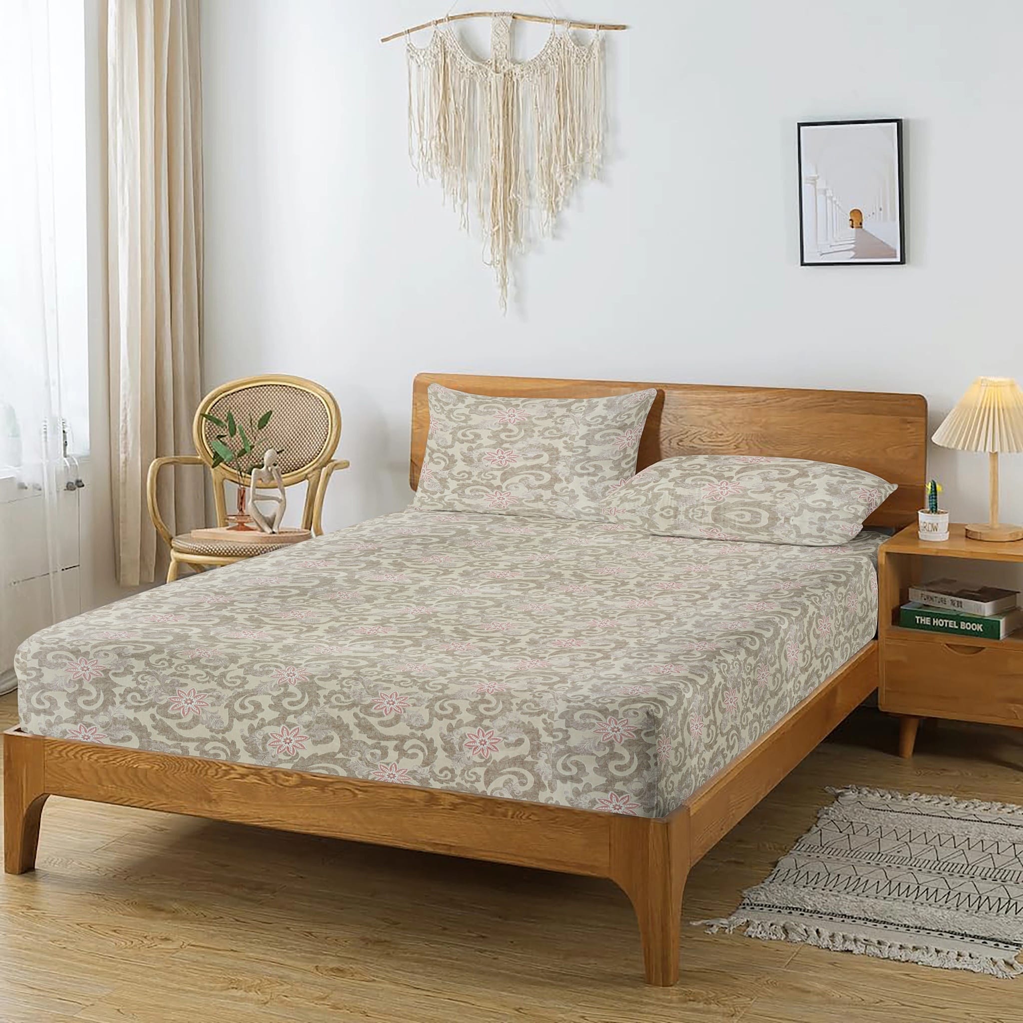 Printed Floral Cotton 144 TC Fitted Bedsheet with Pillow Covers - Brown