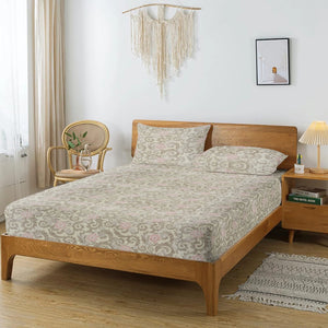Printed Floral Cotton 144 TC Fitted Bedsheet with Pillow Covers - Brown