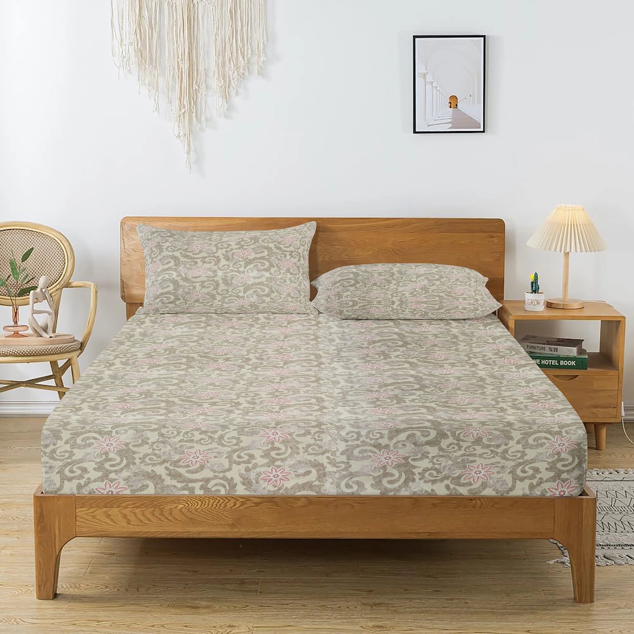 Printed Floral Cotton 144 TC Fitted Bedsheet with Pillow Covers - Brown