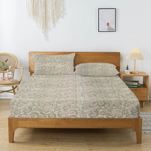 Printed Floral Cotton 144 TC Fitted Bedsheet with Pillow Covers - Brown
