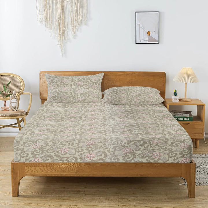 Printed Floral Cotton 144 TC Bedsheet with Pillow Covers - Brown