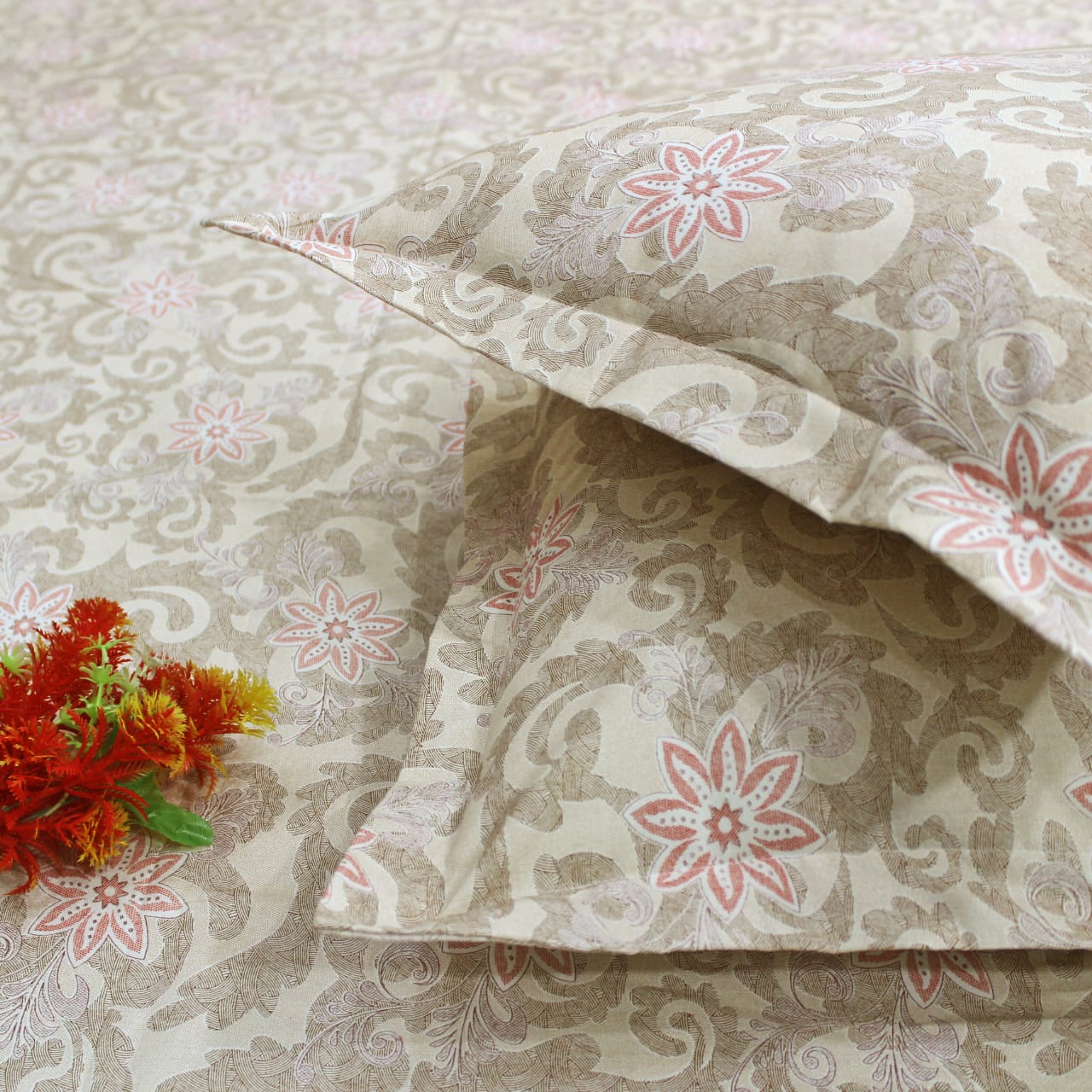 Printed Floral Cotton 144 TC Fitted Bedsheet with Pillow Covers - Brown