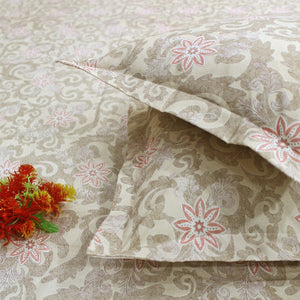 Printed Floral Cotton 144 TC Fitted Bedsheet with Pillow Covers - Brown