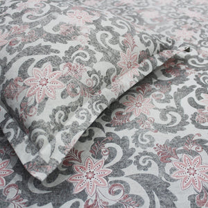Close-up view Printed Floral Cotton 144 TC Fitted Bedsheet with Pillow Covers - Grey