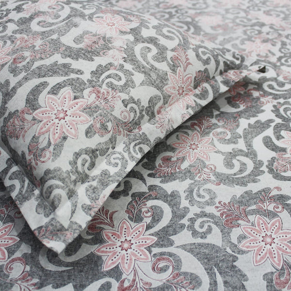 Close-up view Printed Floral Cotton 144 TC Fitted Bedsheet with Pillow Covers - Grey